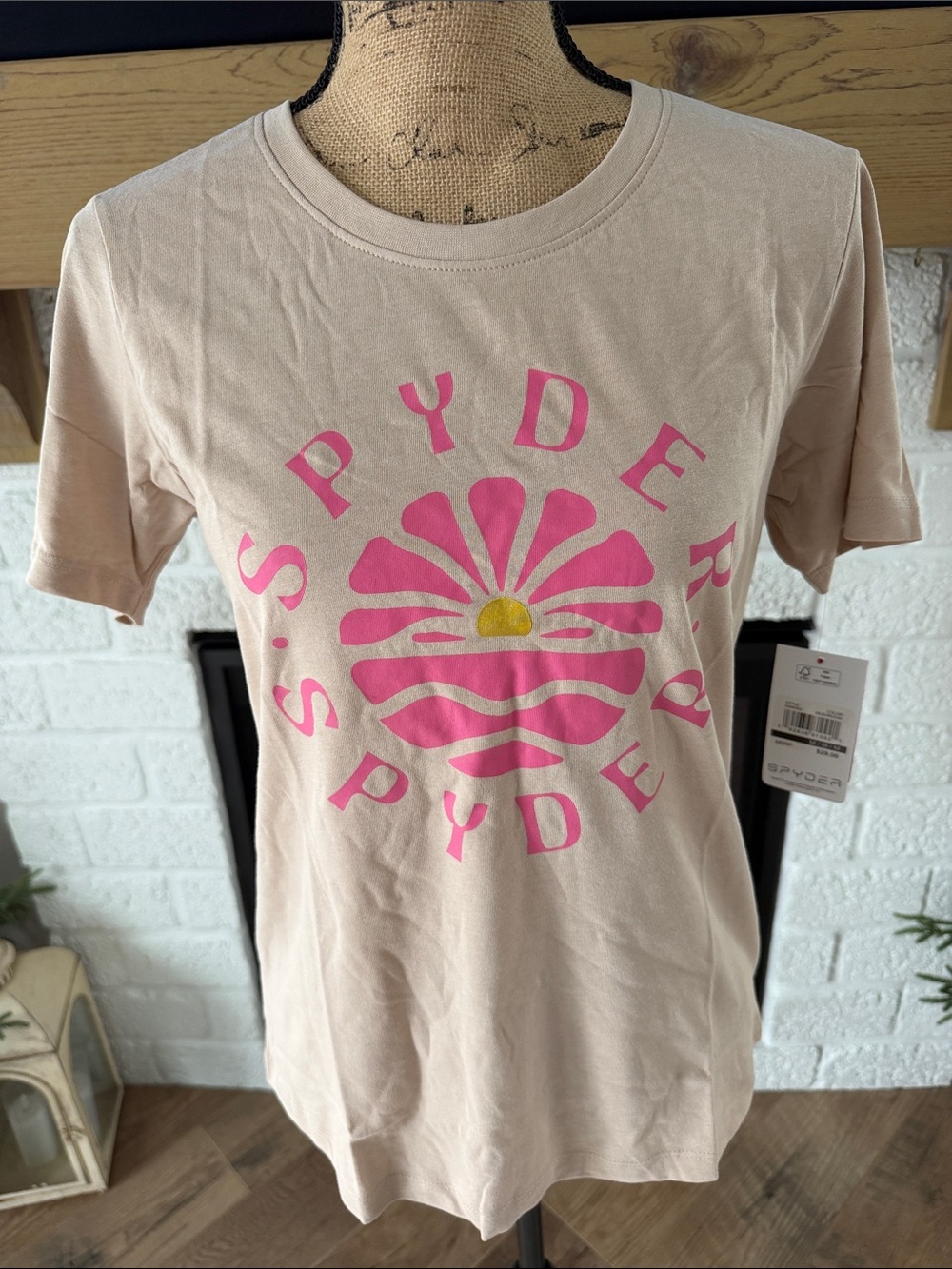 Spyder Beige Tee with Pink Logo and Yellow Accent